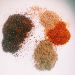 Left to right, chili powder, coriander, cayenne, cumin
